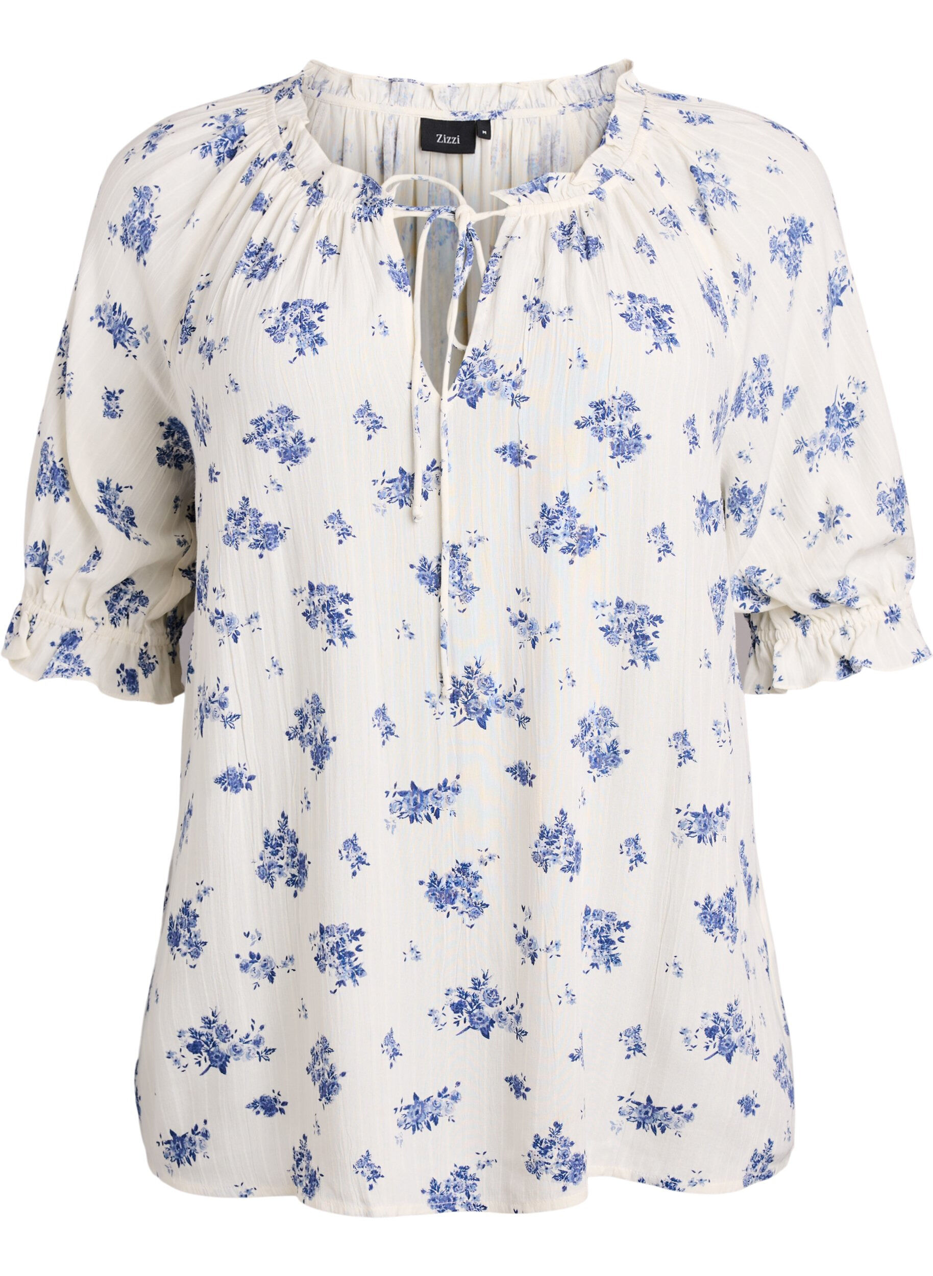ZizziGebl&uuml;mte Bluse aus Viskose mit halblangen &Auml;rmeln, Wei&szlig;, Packshot image number 0