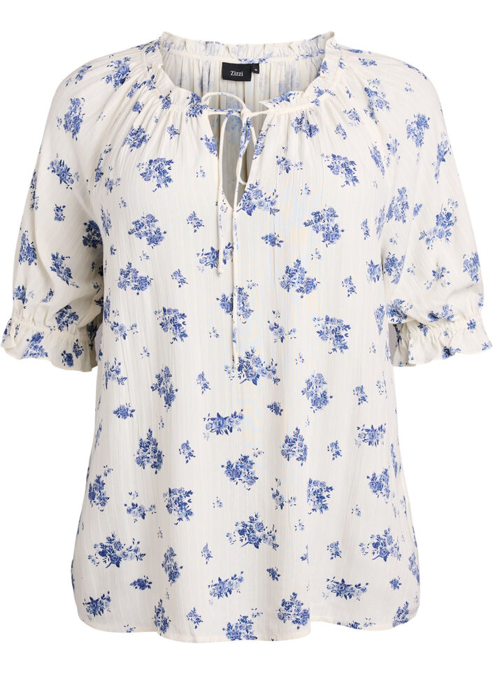 Gebl&uuml;mte Bluse aus Viskose mit halblangen &Auml;rmeln, Wei&szlig;, Packshot image number 0