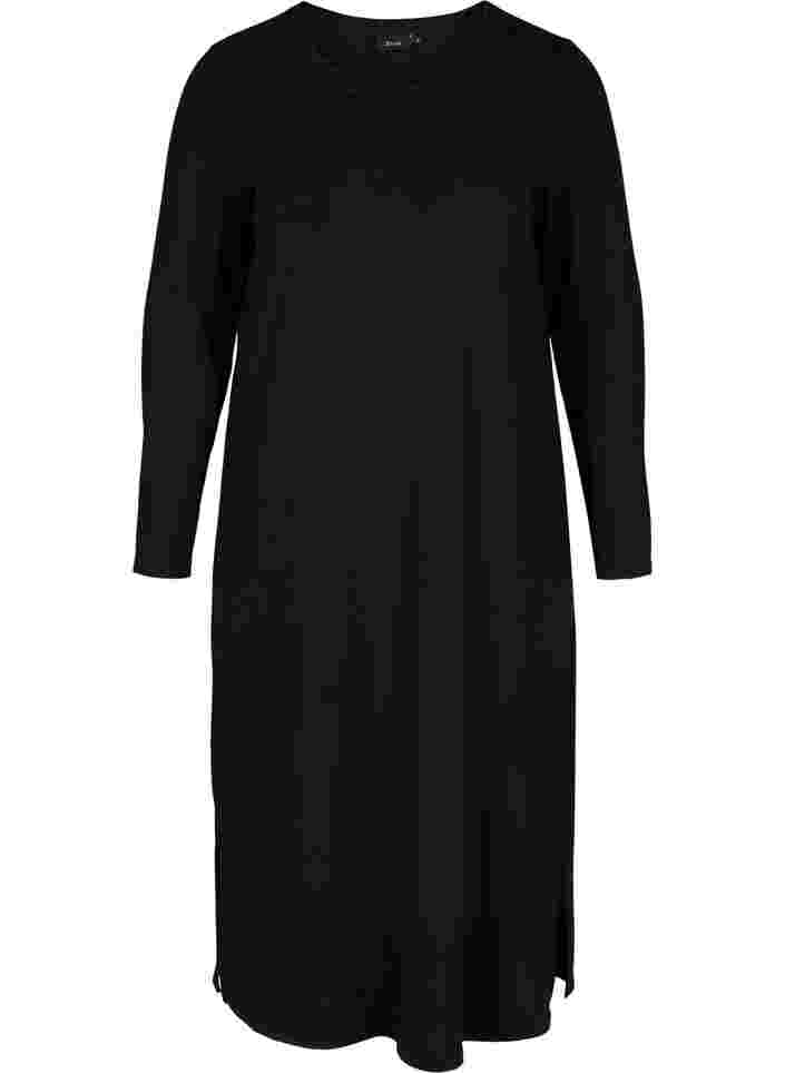 Einfarbiges Kleid mit langen Ärmeln und Schlitz, Black, Packshot image number 0