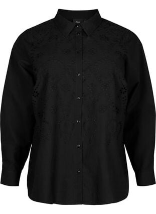 Baumwollhemd mit Lochstickerei, Black, Packshot image number 0
