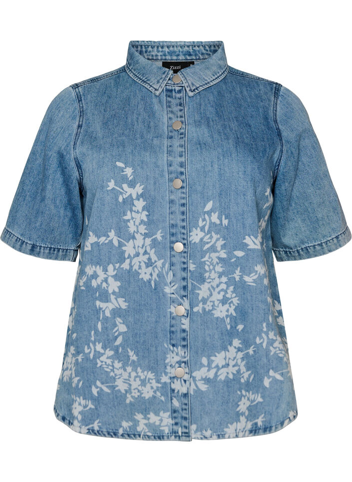 Jeanshemd mit Blumenprint und kurzen &Auml;rmeln, Blau, Packshot image number 0