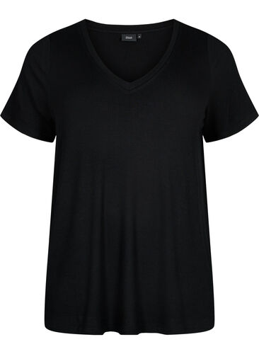 Viskose T-Shirt mit Ripp und V-Ausschnitt, Black, Packshot image number 0