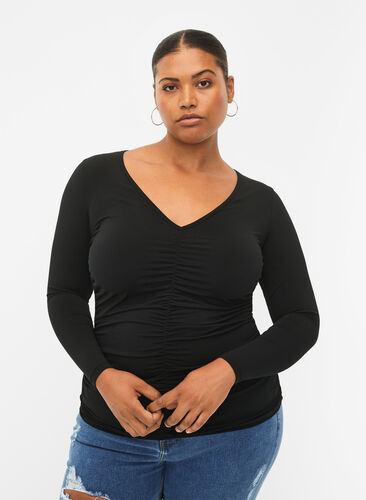 Bluse mit V-Ausschnitt und Drapierung, Black, Model image number 0