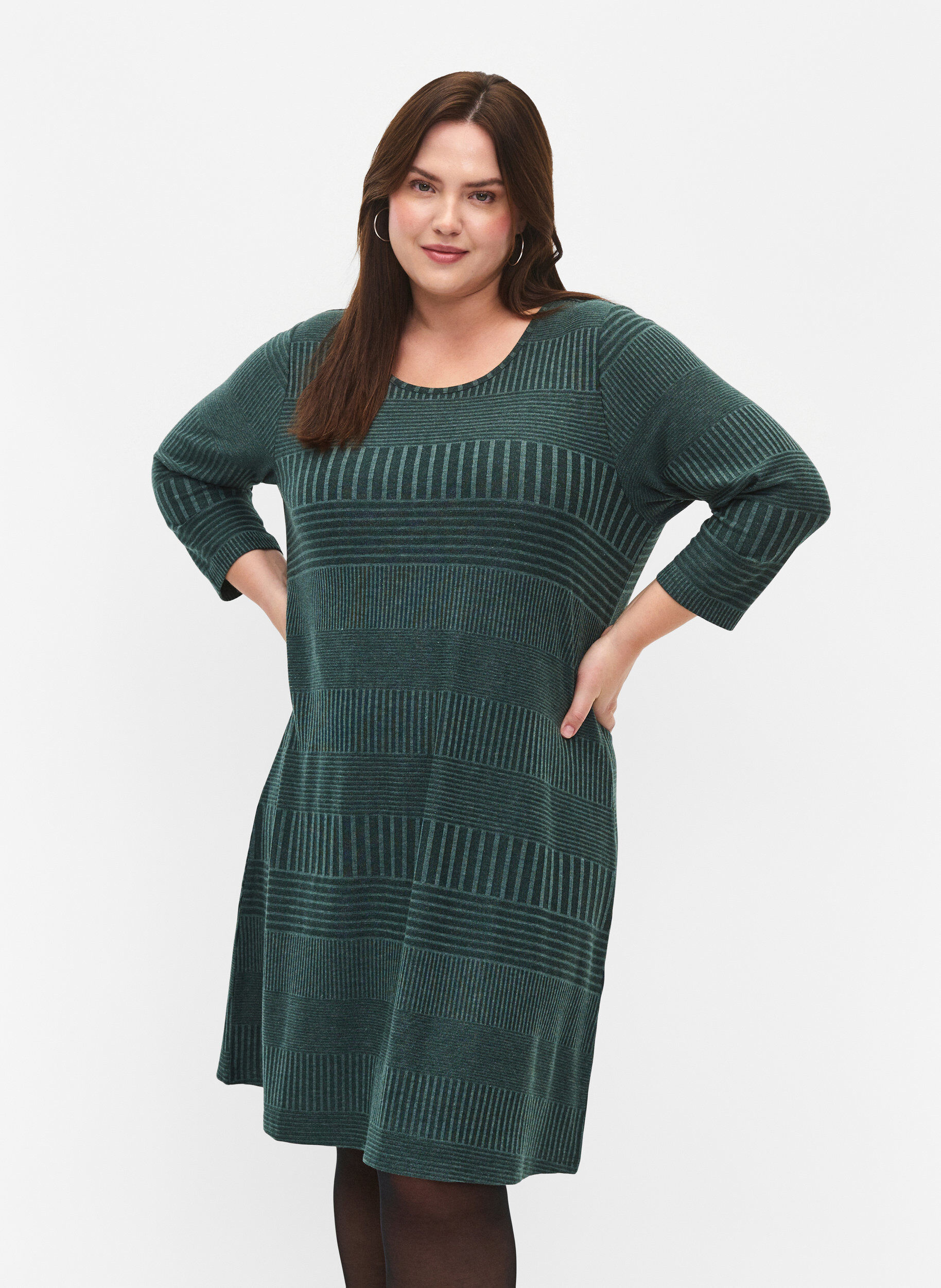 Zizzi Kleid mit 3/4-&Auml;rmeln und Streifenmuster., Scarab Melange, Model image number 0