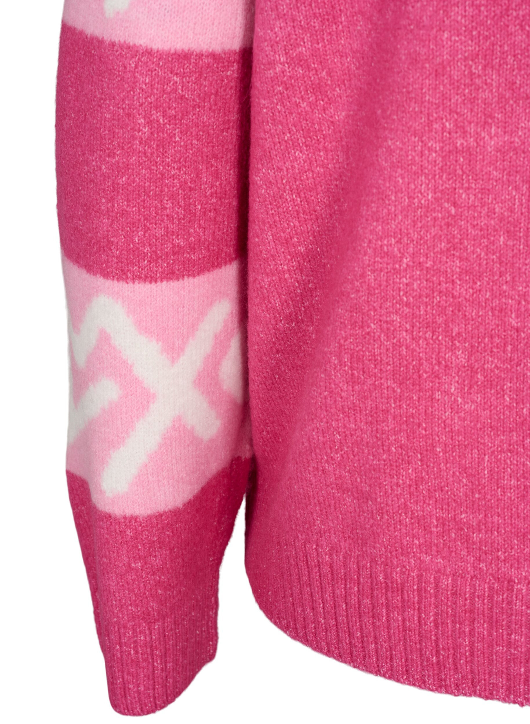 Zizzi Gestreifter Strickpullover mit grafischem Muster, Raspberry Rose Comb, Packshot image number 3