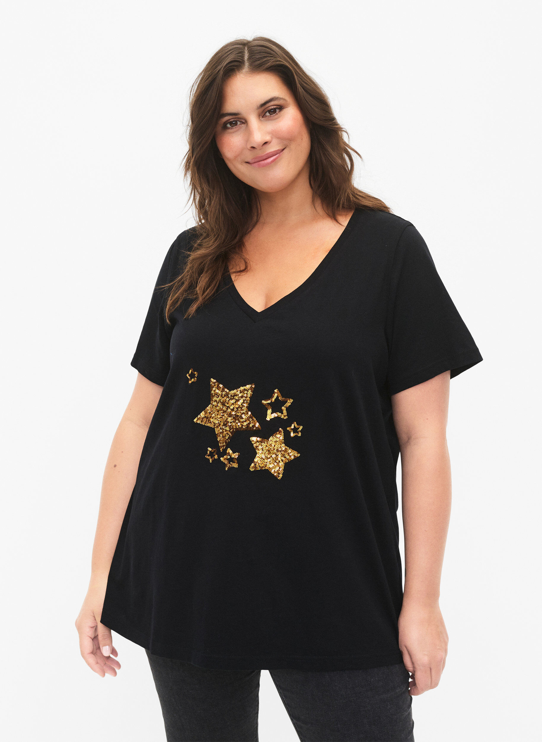Zizzi Baumwoll-T-Shirt mit Pailletten, Black W. Star, Model image number 0
