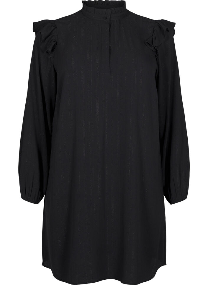 Kurzes Kleid mit R&uuml;schen und Glitzer , Schwarz, Packshot image number 0