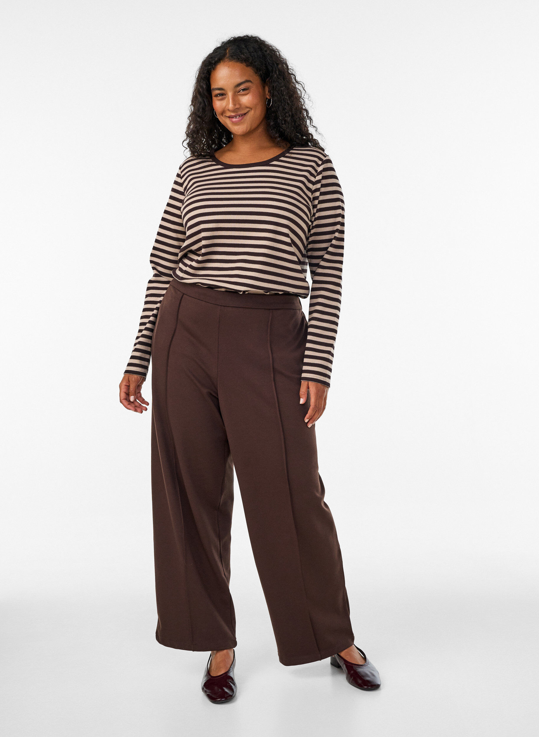 ZizziGestreifte Bluse mit langen &Auml;rmeln, Braun, Model image number 1