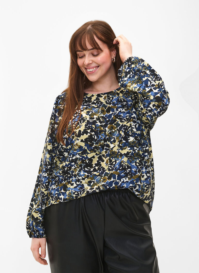 Bluse mit Puffärmeln, Blue Green AOP, Model image number 0