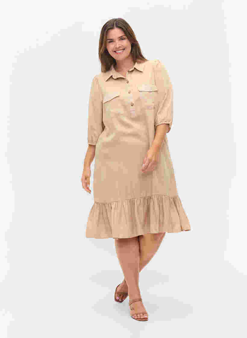 Kleid mit Rüschenbesatz und 3/4-Ärmeln, Humus, Model image number 2
