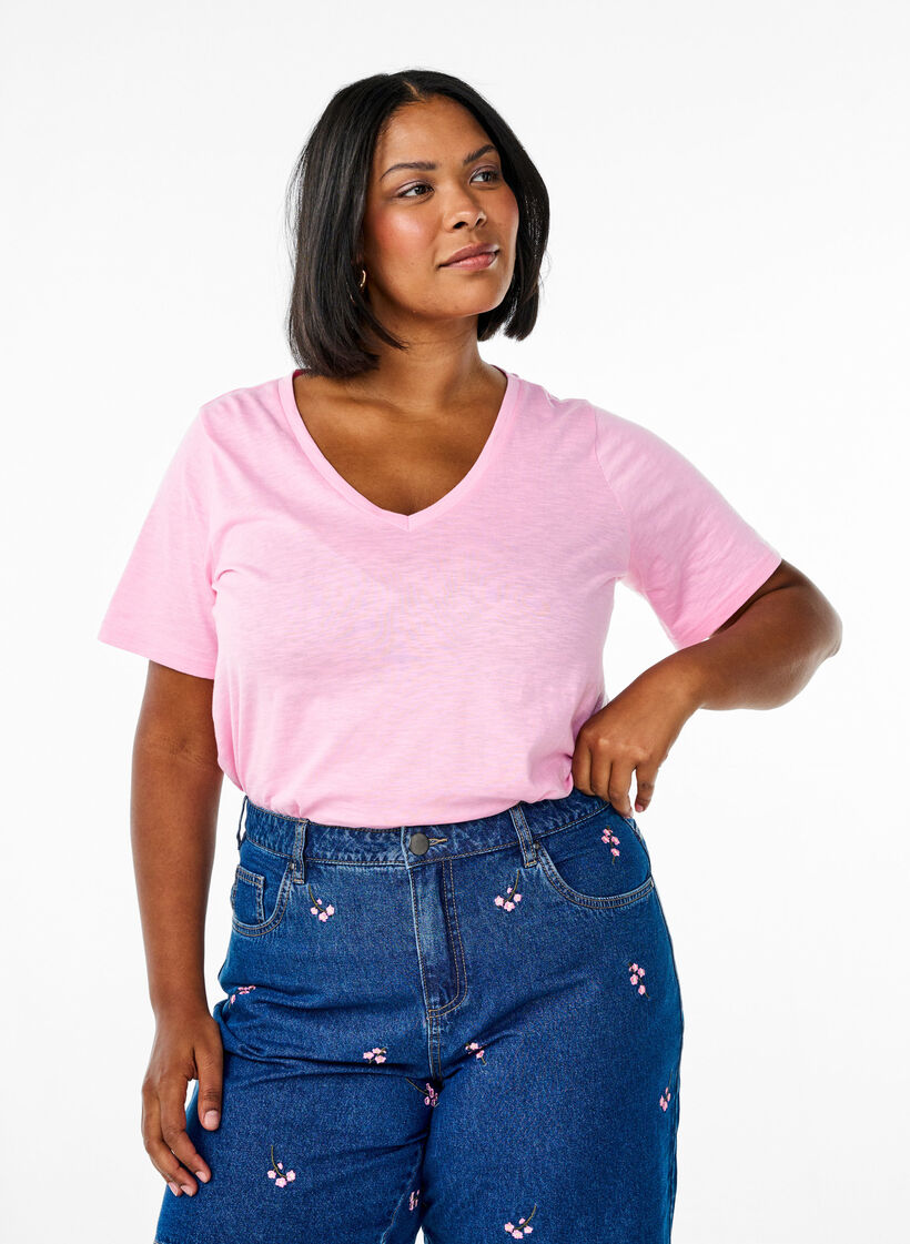 Kurz&auml;rmliges Basic-T-Shirt mit V-Ausschnitt, Pink, Model image number 0