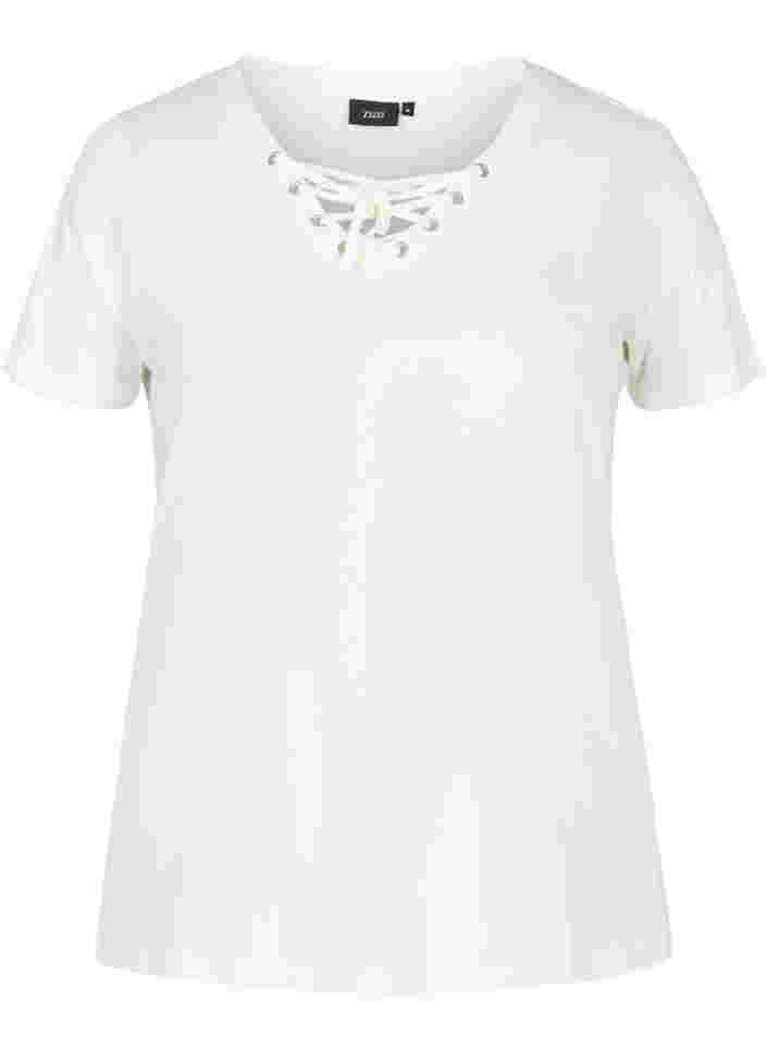 T-Shirt aus Bio-Baumwolle mit Schnurdetails, Warm Off-white, Packshot image number 0