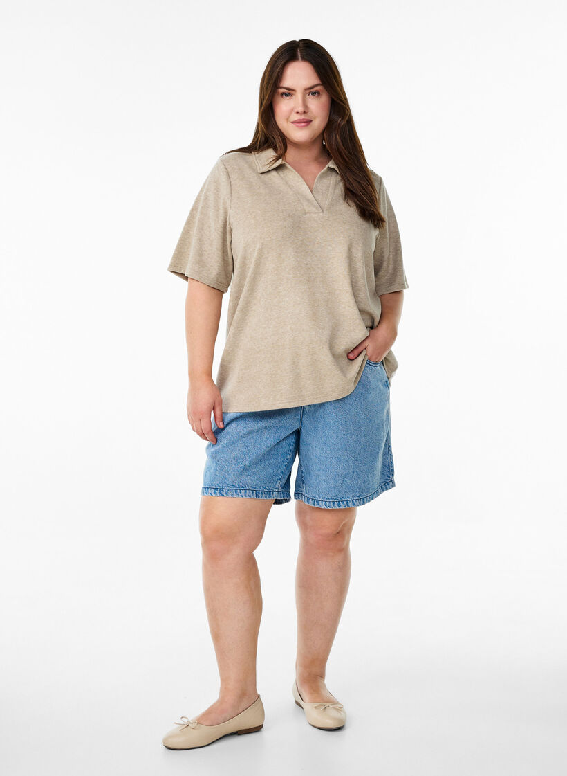 Jersey Bluse mit Kragen und kurzen Ärmeln, Braun, Model image number 1