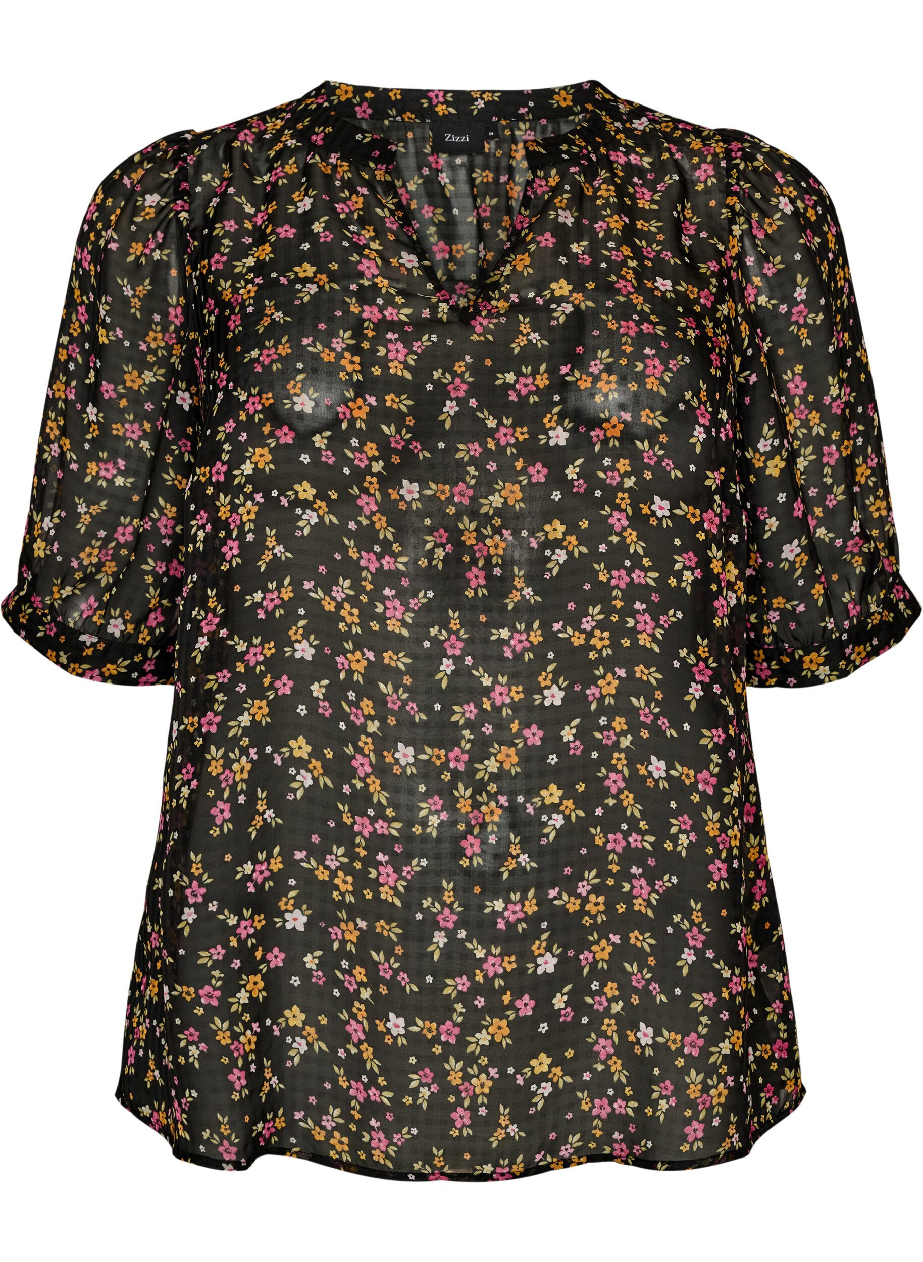 ZizziGebl&uuml;mte Bluse mit V-Ausschnitt, Schwarz, Packshot image number 0