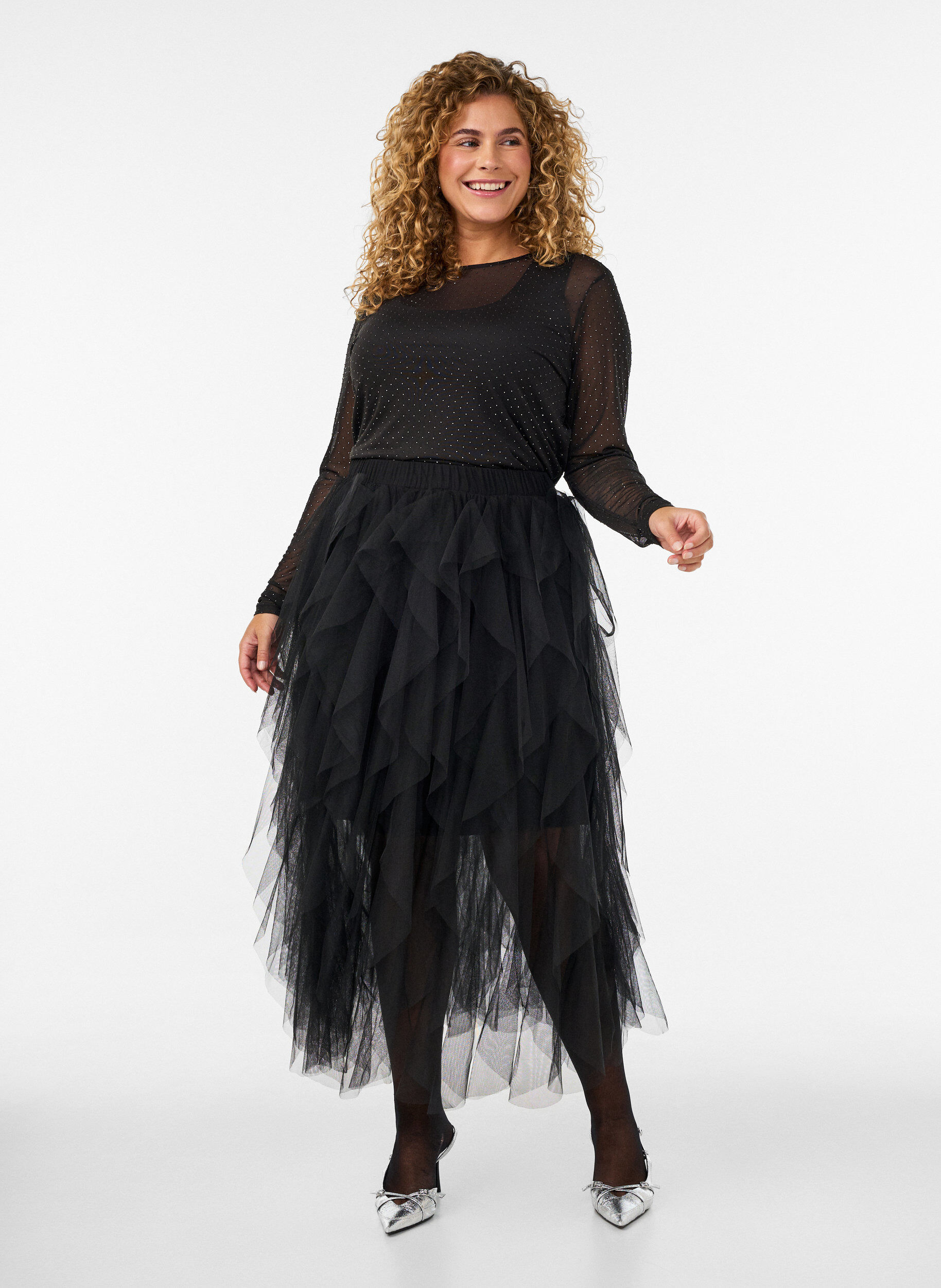 ZizziTransparente Bluse aus Mesh mit Strasssteinen, Schwarz, Model image number 1