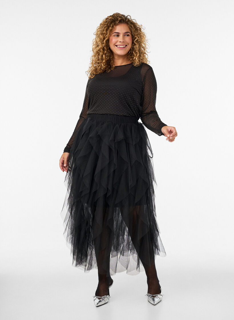 Transparente Bluse aus Mesh mit Strasssteinen, Schwarz, Model image number 1
