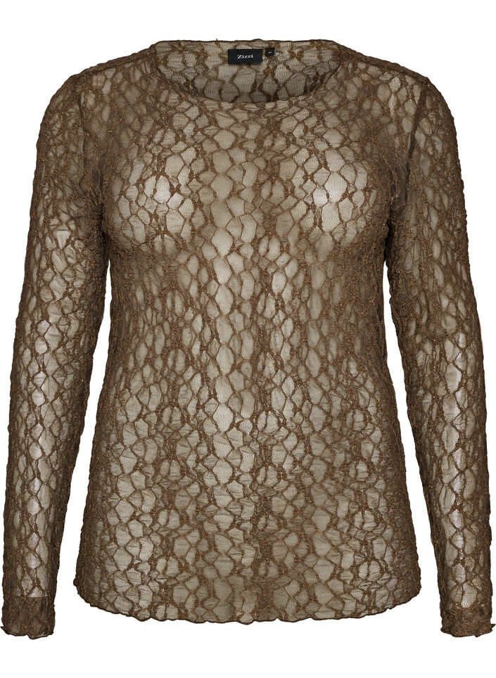 Bluse aus Mesh mit Muster und Glitzerfaden, Braun, Packshot image number 0