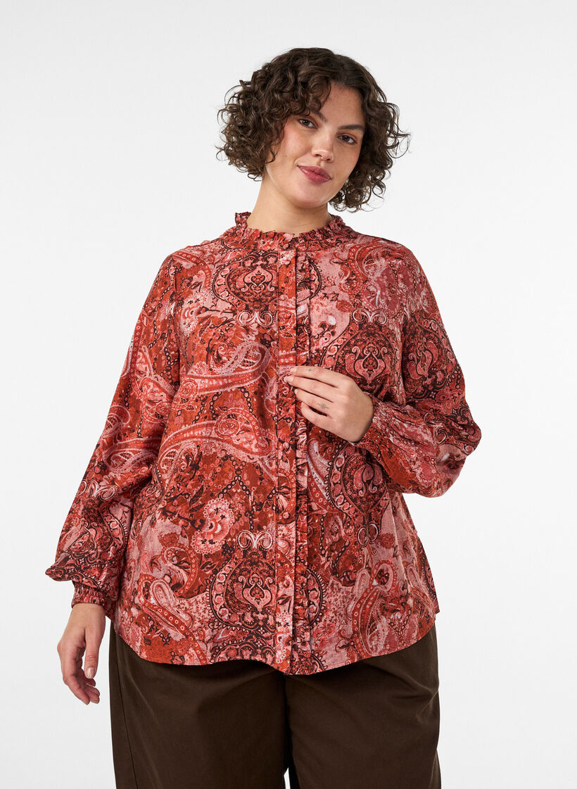 Bluse aus Viskose mit Paisley-Print und R&uuml;schen, Orange, Model image number 0
