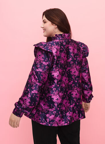  Geblümte Jacquard-Bluse mit Rüschendetails, Dark Blue Pink, Model image number 1