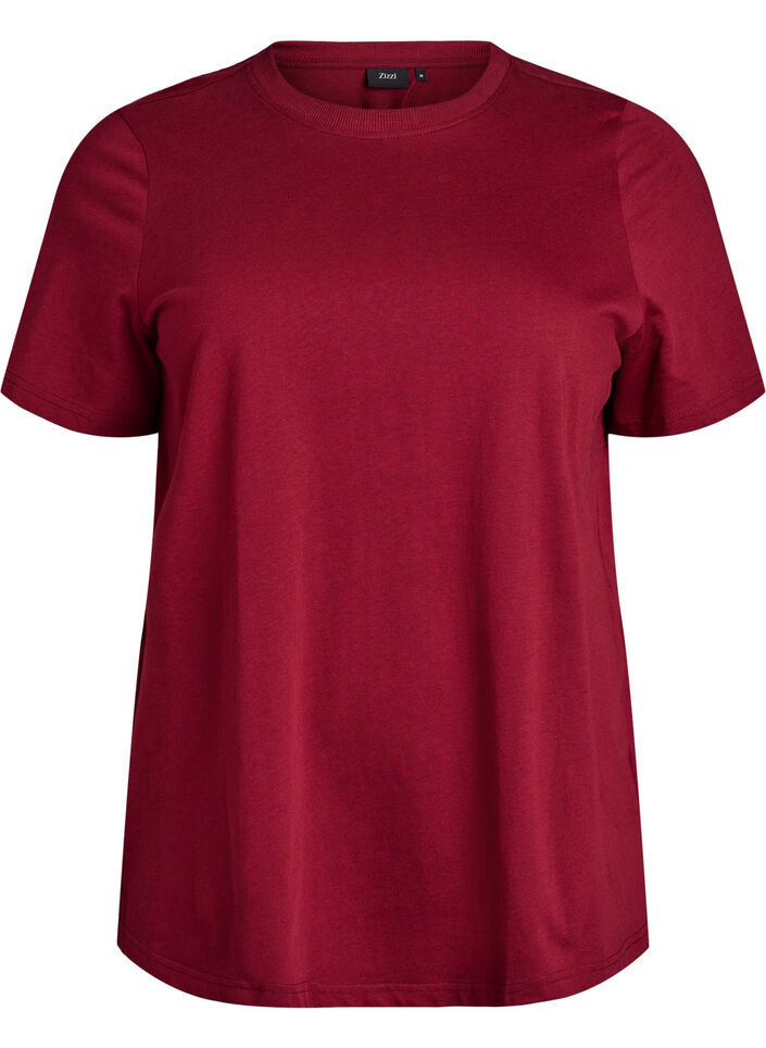 Basic T-Shirt aus Baumwolle mit Rundhalsausschnitt, Dunkles Bordeaux, Packshot image number 0