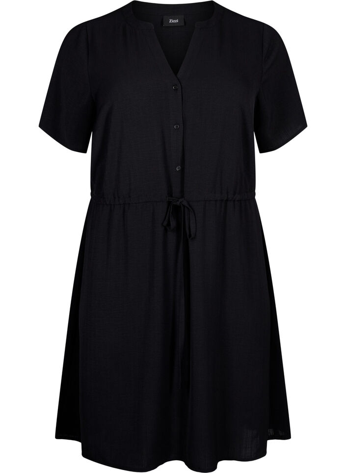 Kurzärmliges Kleid mit Bindeband an der Taille, Black, Packshot image number 0