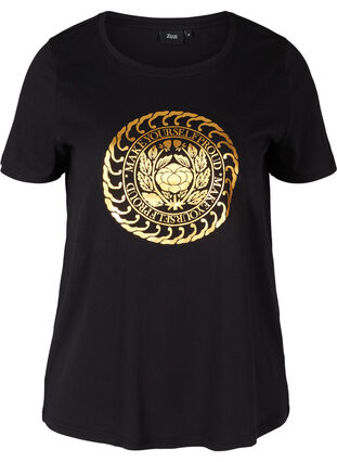 T-Shirt aus Baumwolle mit goldfarbenem Aufdruck, Black, Packshot image number 0