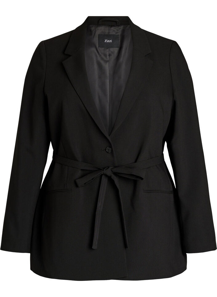 Blazer mit abnehmbarem Bindeg&uuml;rtel, Schwarz, Packshot image number 0