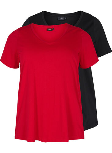 2er-Pack basic T-Shirts aus Baumwolle, Tango Red/Black, Packshot image number 0