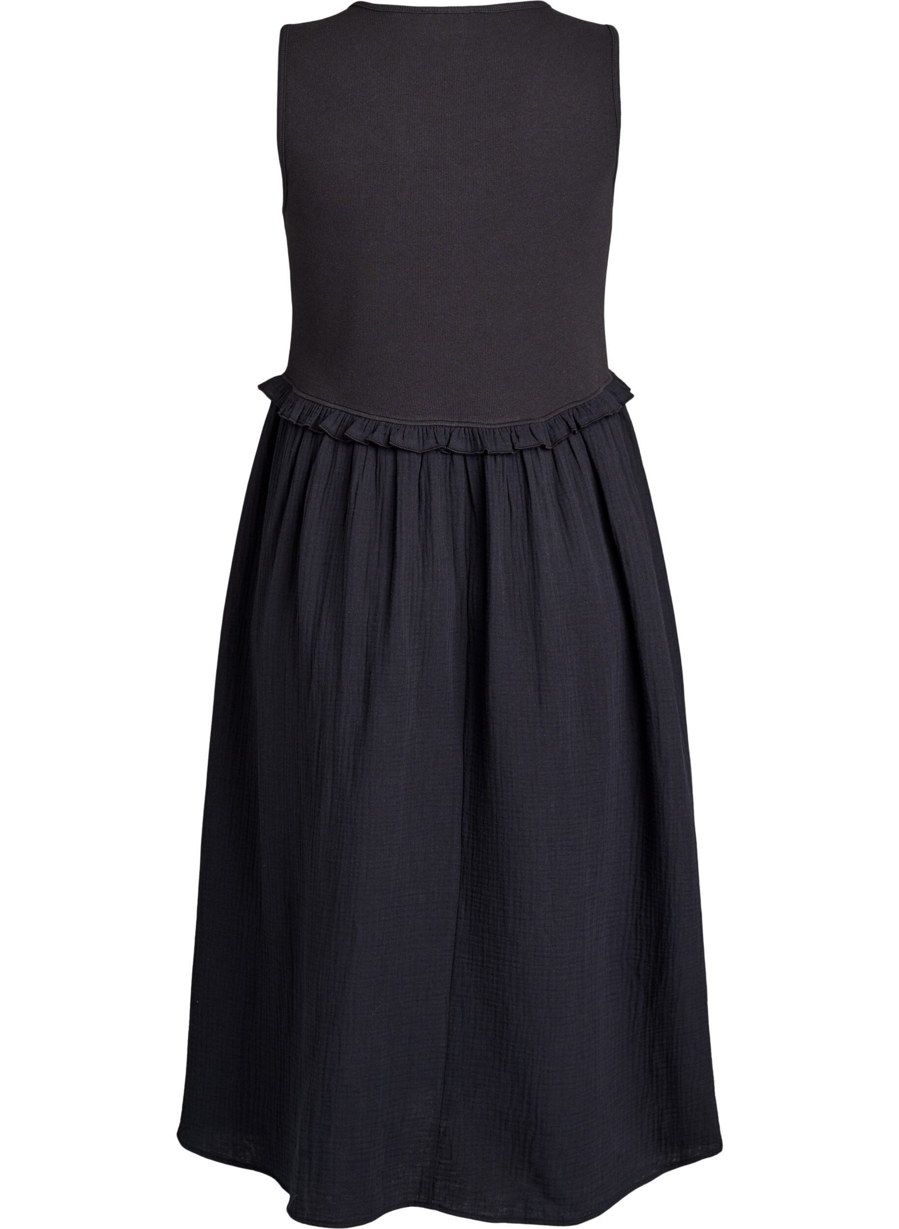 Zizzi&Auml;rmelloses Midikleid aus Baumwolle mit Ripp und Musselin, Schwarz, Packshot image number 1
