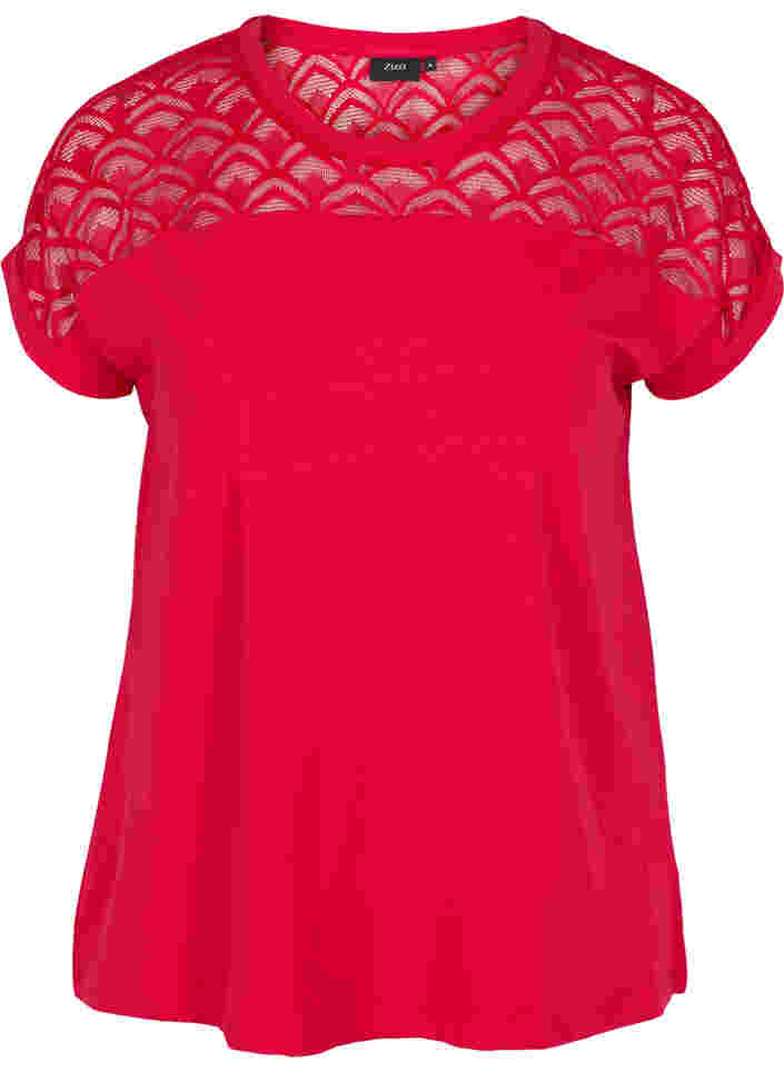 Baumwoll-T-Shirt mit Spitze und kurzen Ärmeln, Tango Red, Packshot image number 0