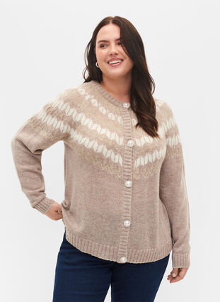 Gemusterter Cardigan mit Wolle, Simply Taupe Comb, Model image number 0