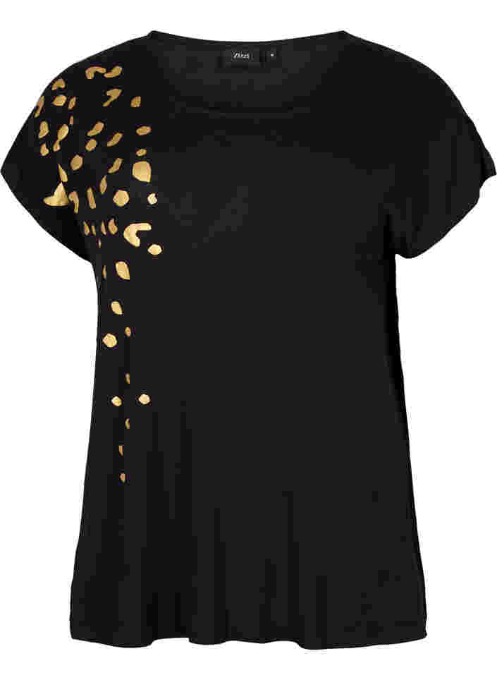 Kurzärmeliges Viskose-T-Shirt mit Golddruck, Black Gold , Packshot image number 0