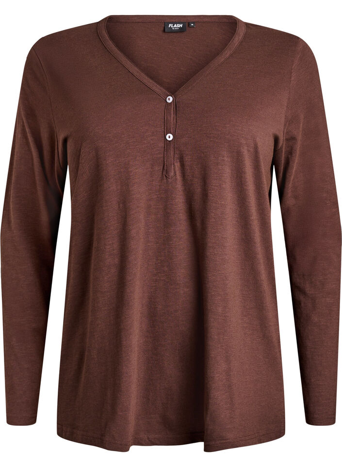 Langarmshirt mit V-Ausschnitt und Kn&ouml;pfen, Braun, Packshot image number 0