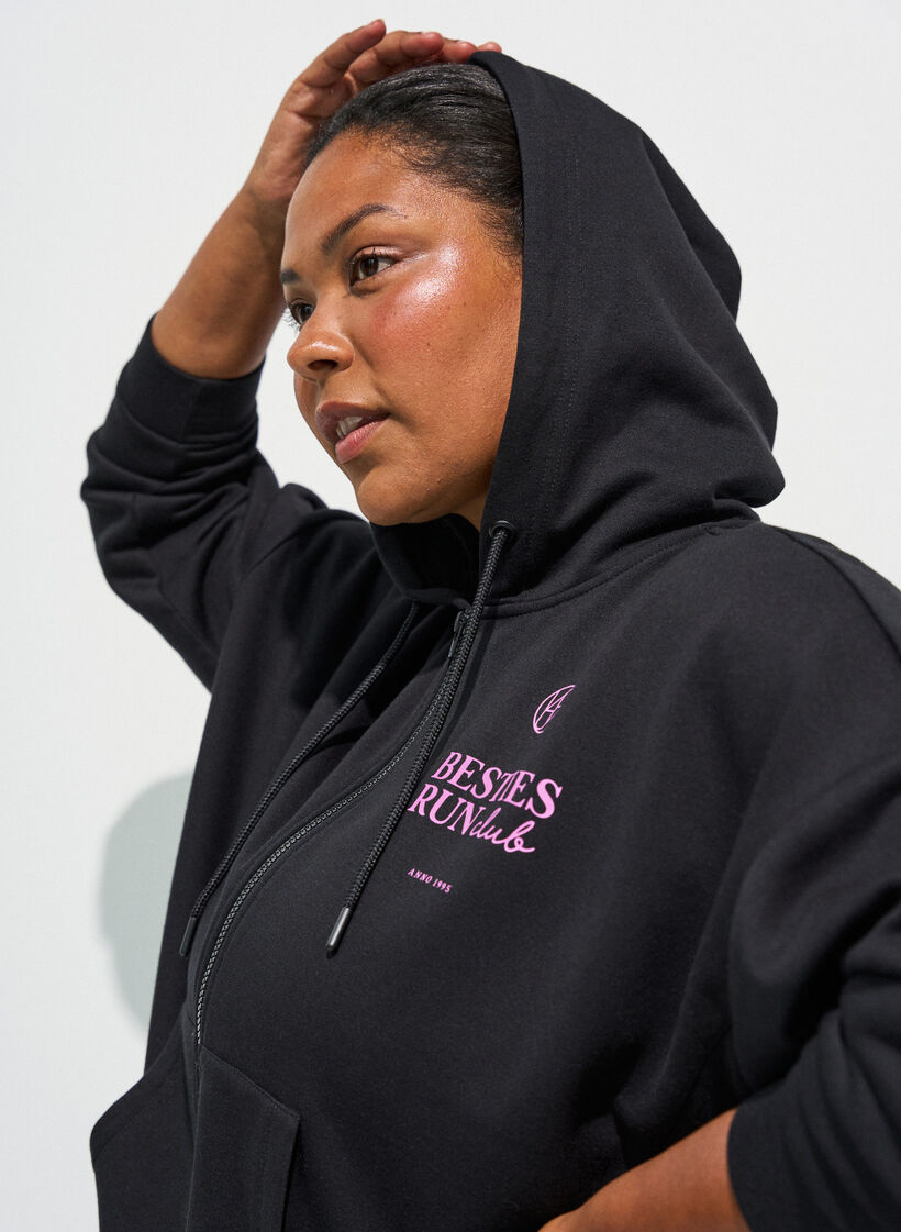 Hoodie mit Rei&szlig;verschluss und Brustprint, Schwarz, Model image number 3