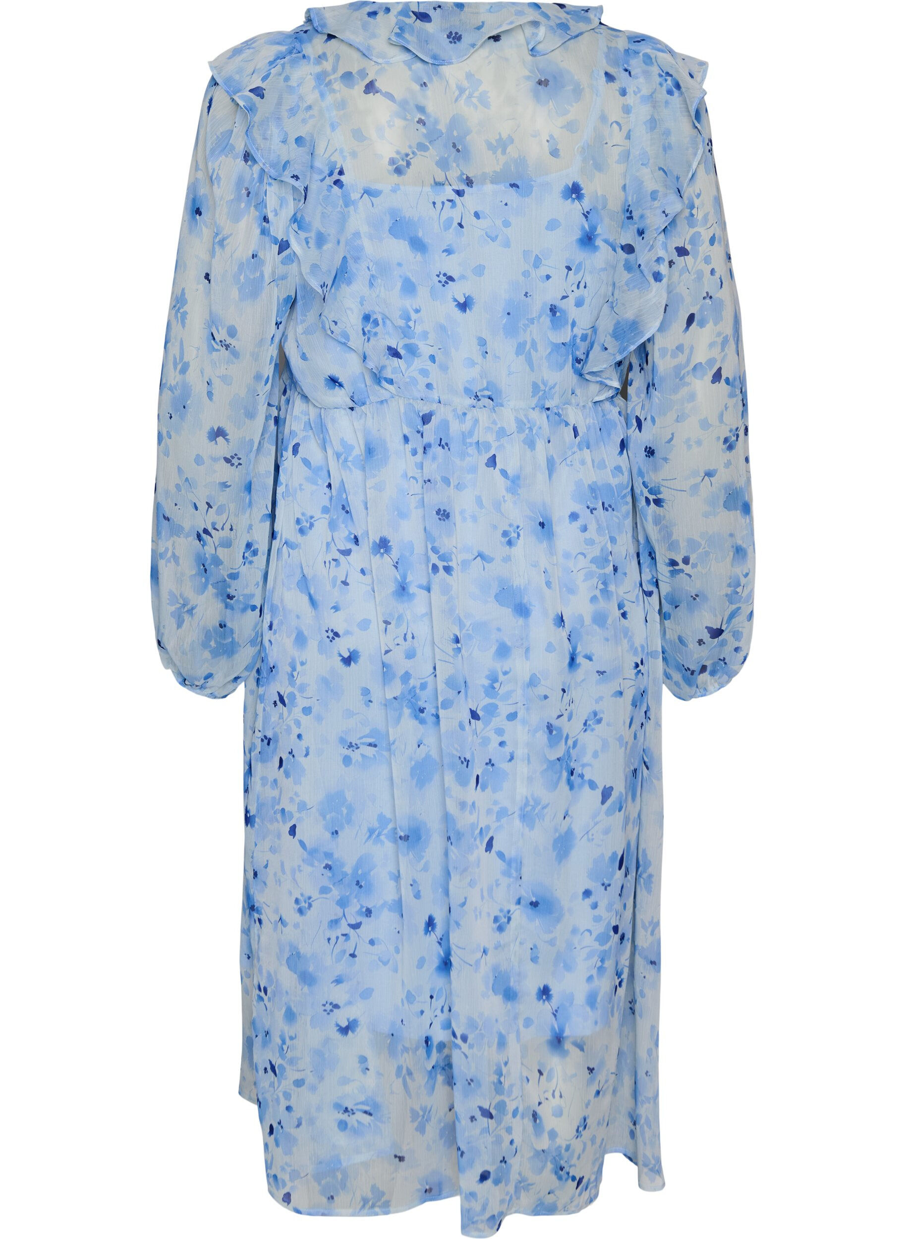 Zizzi Gebl&uuml;mtes Kleid aus Chiffon mit R&uuml;schen und langen &Auml;rmeln, Blau, Packshot image number 1