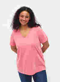 Kurzärmeliges T-Shirt mit V-Ausschnitt, Bubblegum Pink, Model