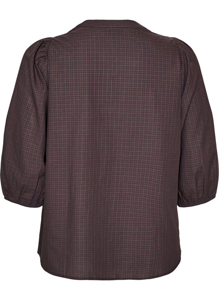 Karierte Bluse mit V-Ausschnitt und 3/4-&Auml;rmeln, Braun, Packshot image number 1