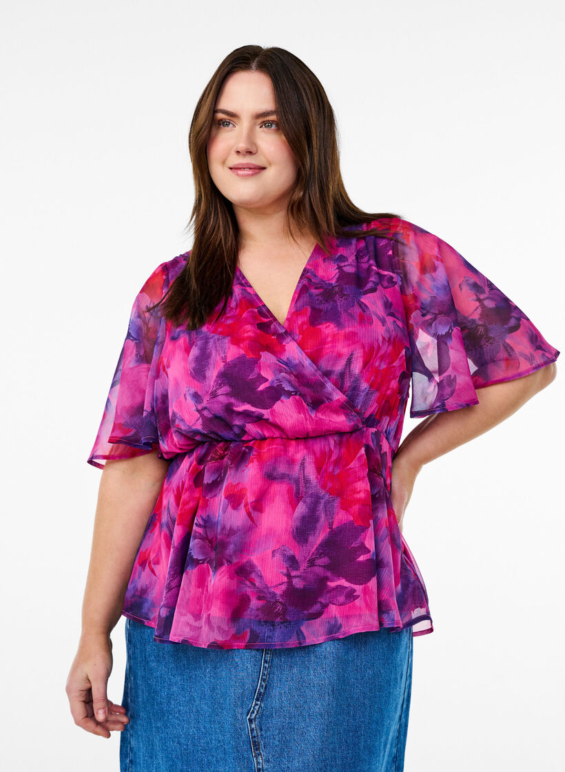 Gebl&uuml;mte Chiffonbluse mit kurzen &Auml;rmeln, Rot, Model image number 0