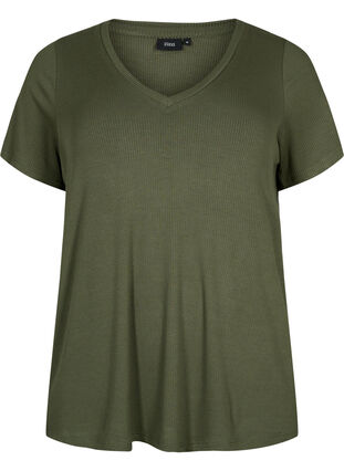 Geripptes T-Shirt aus Viskose mit V-Ausschnitt., Thyme, Packshot image number 0