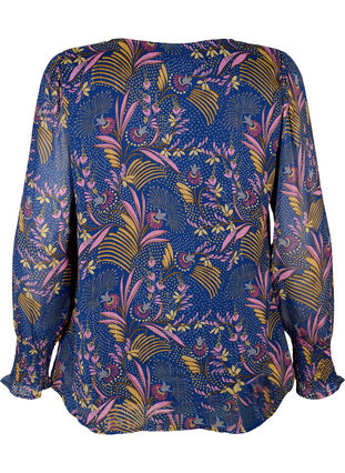 Geblümte Bluse mit langen Ärmeln und V-Ausschnitt, Blue w. Pink Leaf, Packshot image number 1