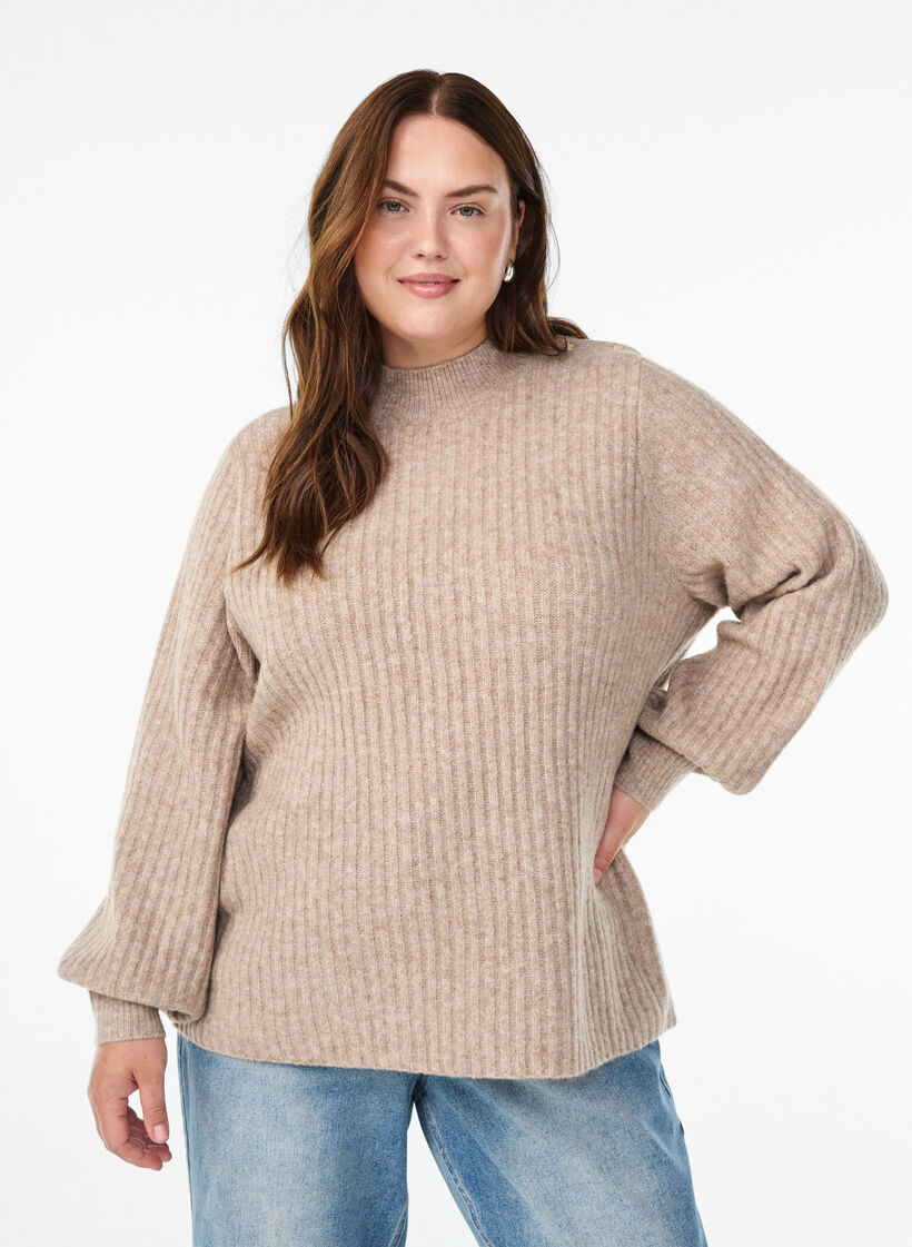 Pullover aus Rippstrick mit Puff&auml;rmeln und Kn&ouml;pfen, Beige, Model image number 0