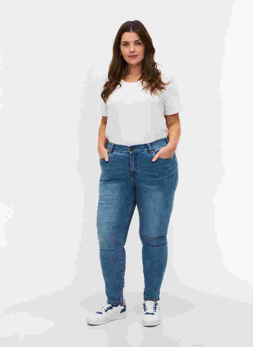 Cropped Amy Jeans mit hoher Taille und Schleife, Blue denim, Model image number 0