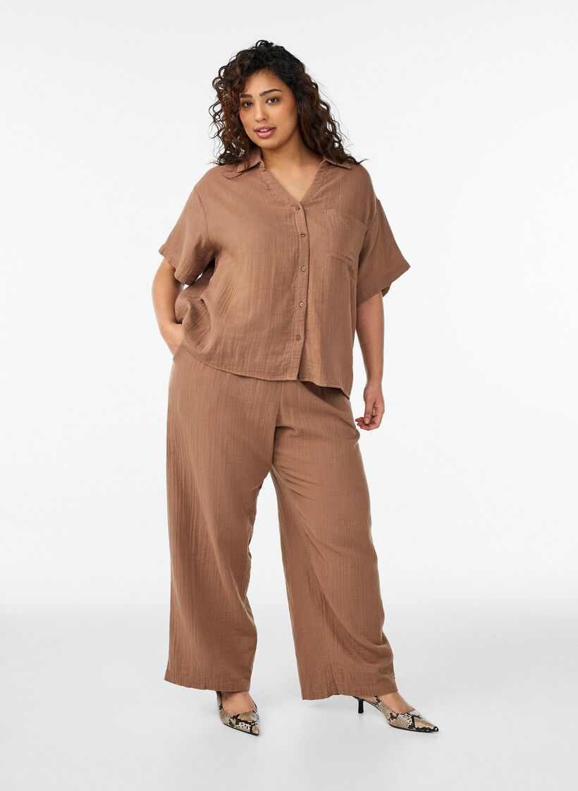 Bluse aus Baumwoll-Musselin mit kurzen &Auml;rmeln, Braun, Model image number 1