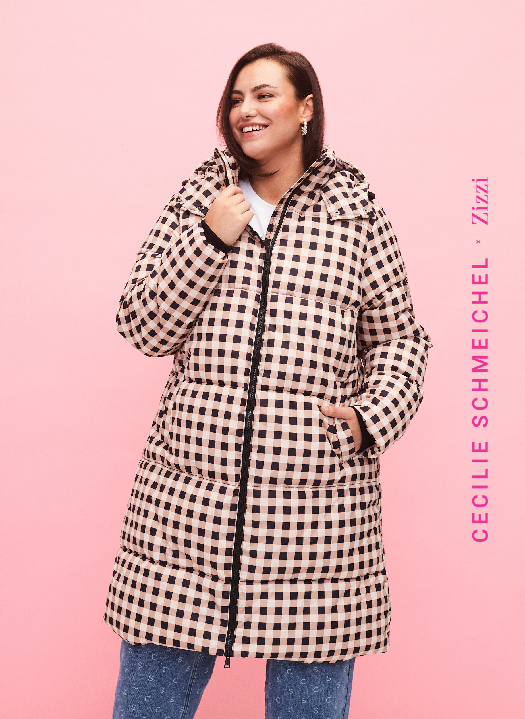 Zizzi Karierte Puffer-Winterjacke, Black w. Nomad Check, Model image number 0