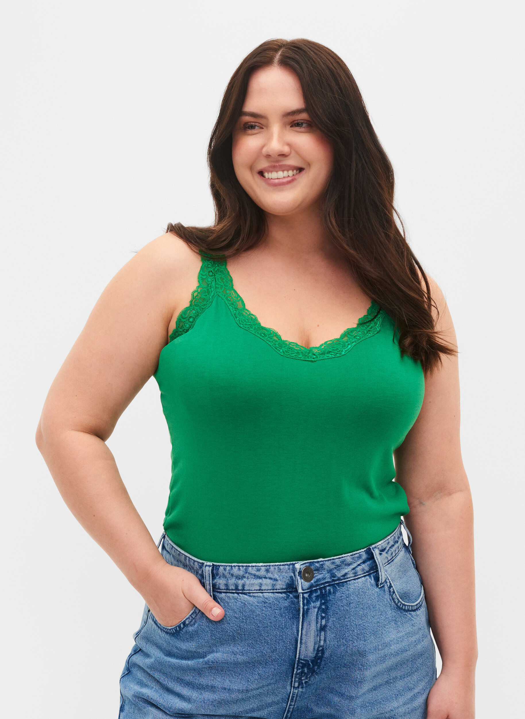 Zizzi 2er-Pack Tops mit Spitze, Navy B/Jolly Green, Model image number 0