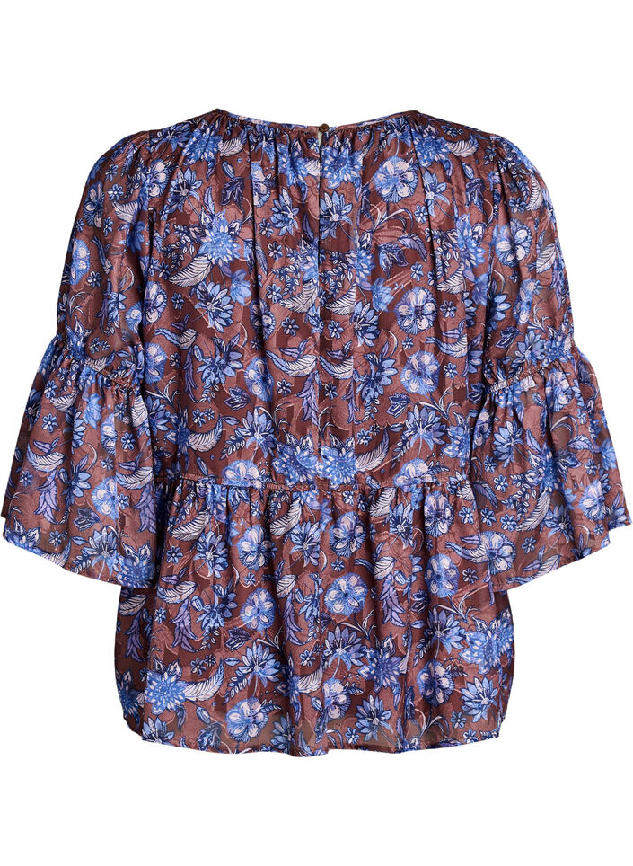 Gebl&uuml;mte Bluse mit R&uuml;schen&auml;rmeln, Braun, Packshot image number 1