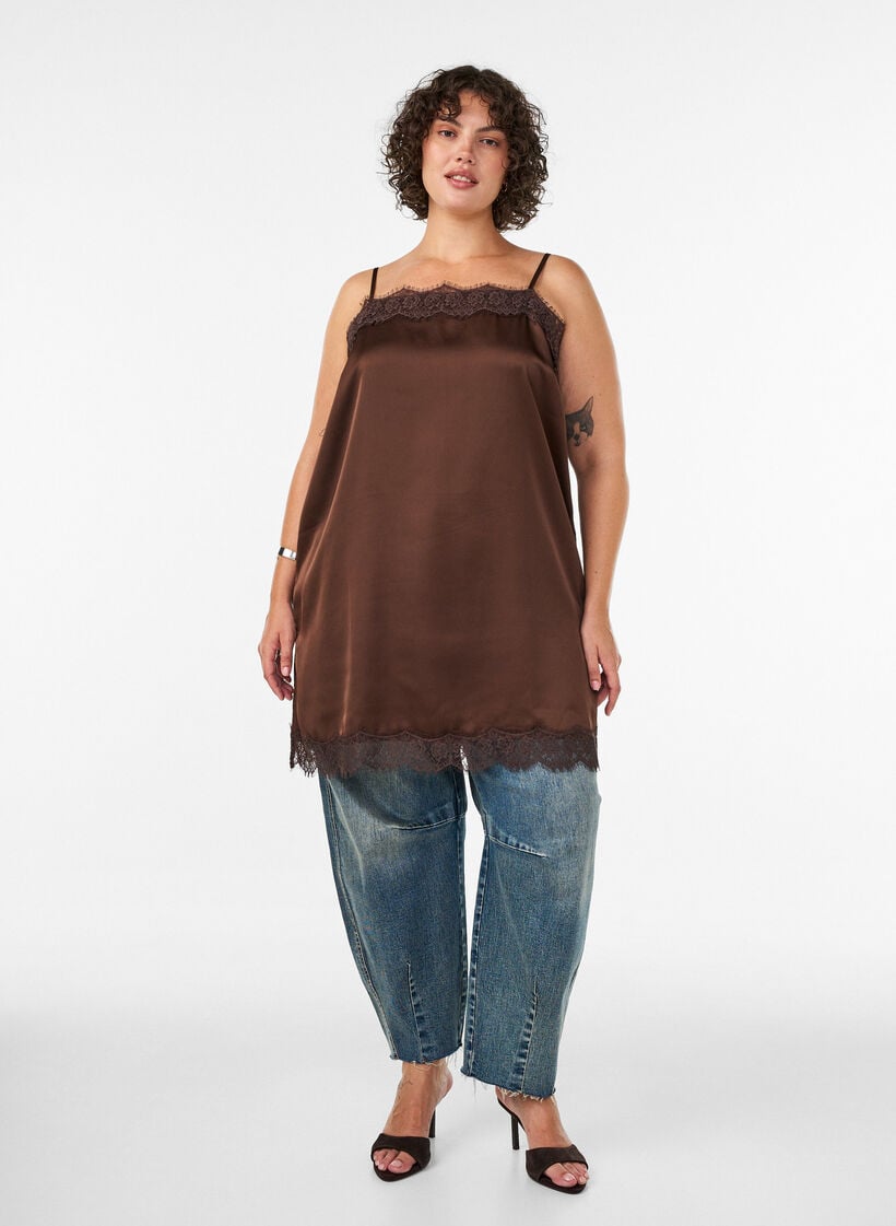 Langes Top aus Satin mit Spitzen, Braun, Model image number 1