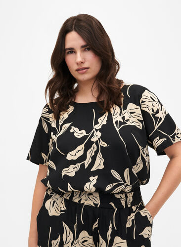 FLASH – Kurzärmelige Bluse mit Aufdruck, Black Off White Fl., Model image number 0