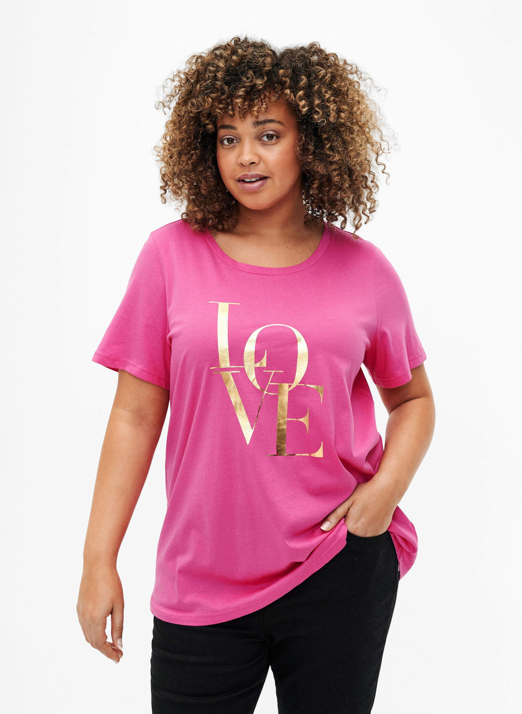 Zizzi T-Shirt aus Baumwolle mit goldener Aufschrift, R.Sorbet w.Gold Love, Model image number 0