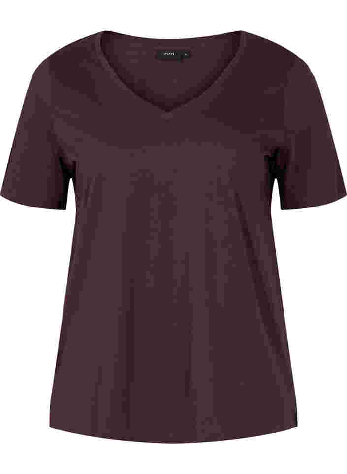 T-Shirt aus Bio-Baumwolle mit V-Ausschnitt, Plum Perfect, Packshot image number 0